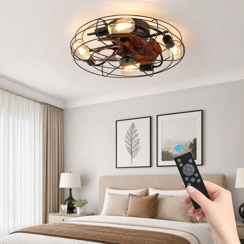 20'' Caged Ceiling Fan with Light Low Profile Flush Mount Remote Control Black gallery