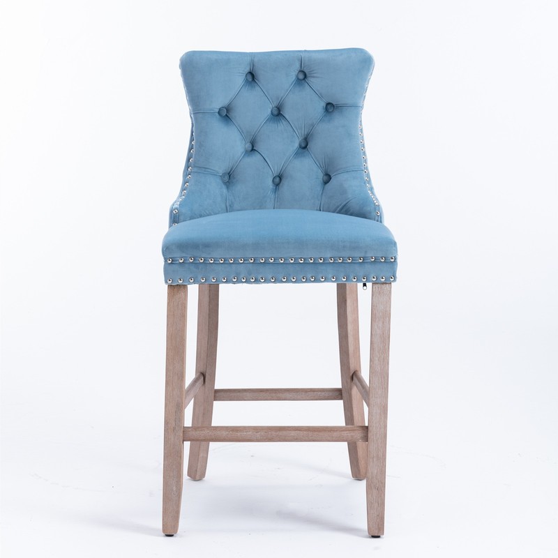 Contemporary Velvet Upholstered Barstools with Button Tufted Decoration and Wo gallery