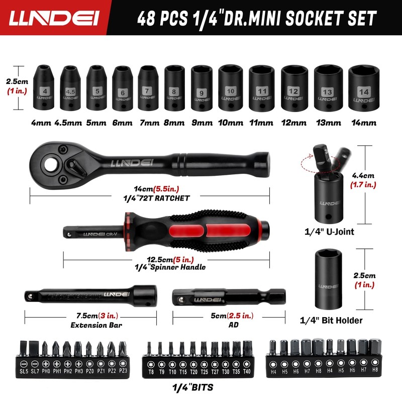 48 Piece 1/4 Inch Mini Socket Ratchet Wrench Set, Metric Shallow Socket (4-14... gallery