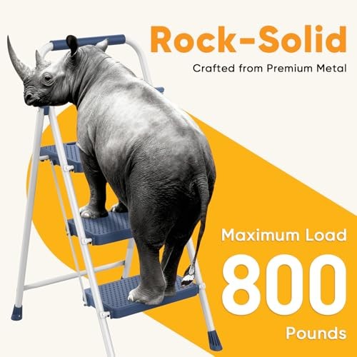 Step Ladder 3 Step, Folding Step Stool with Wide Anti-Slip 3-Step + 800LBS Blue gallery