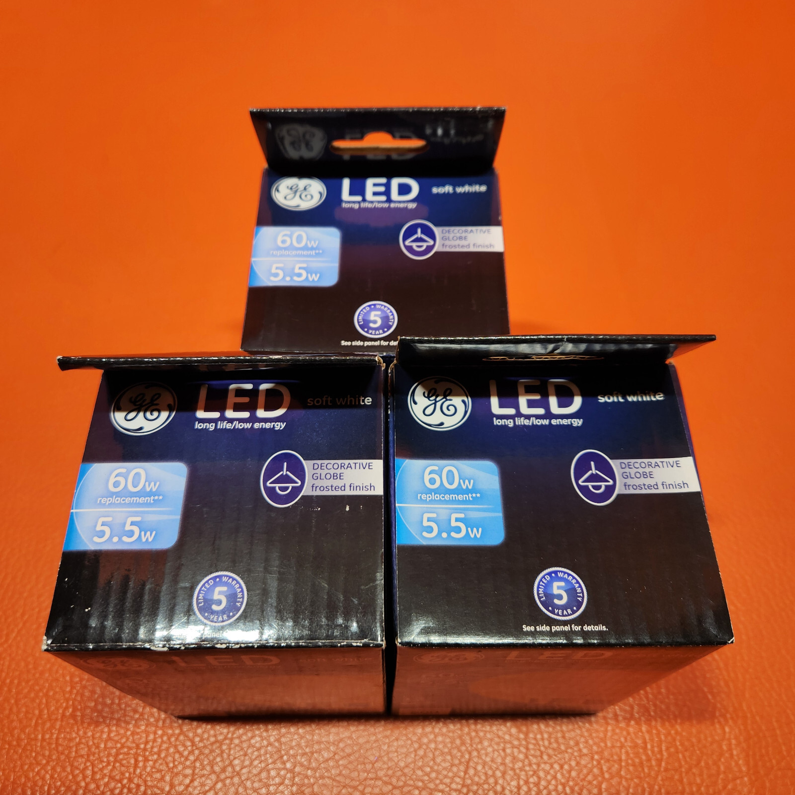 GE LED Frosted Decorative Globe 60W Soft White Dimmable Uses 5.5W Lot of 3 Bulbs gallery