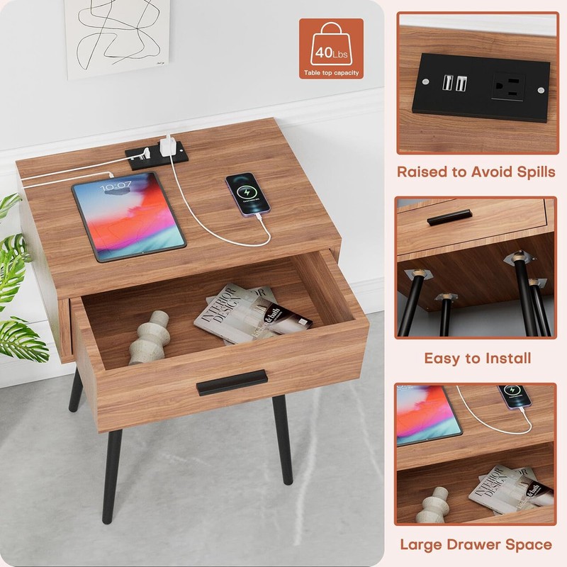 Nightstand Bedside Table 2 Drawers with Charging Station and USB Ports gallery