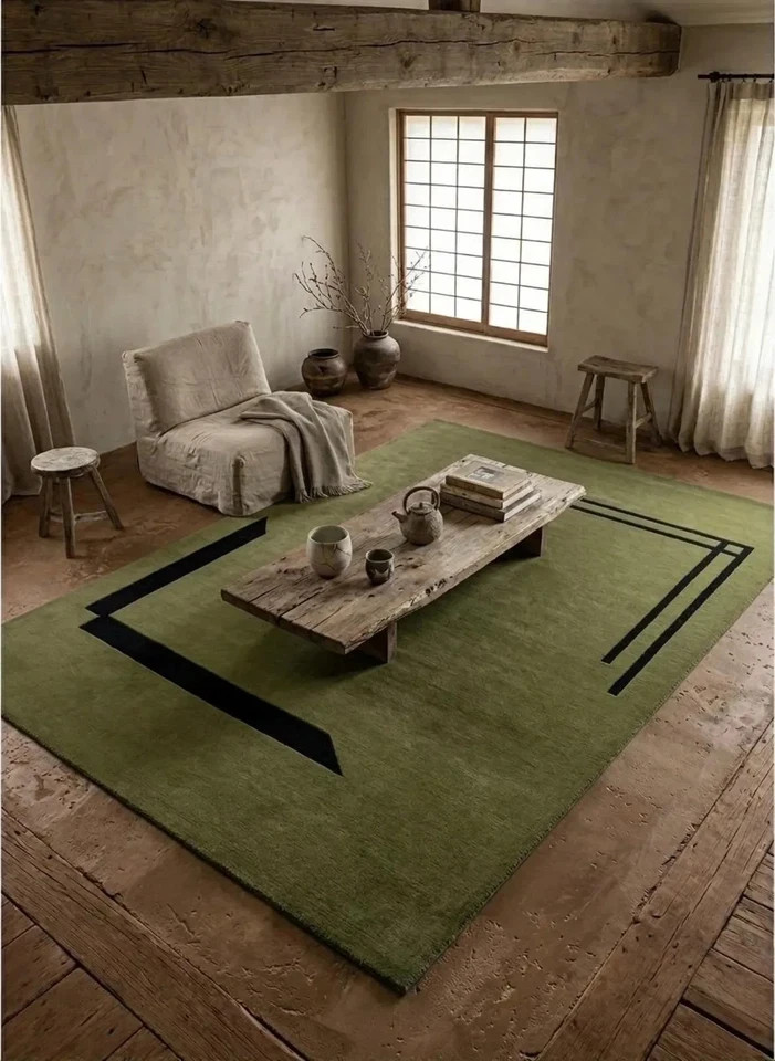 Hand Tufted Wool Area Rug Modern Minimalist Sage Olive Green Black Accent Carpet gallery