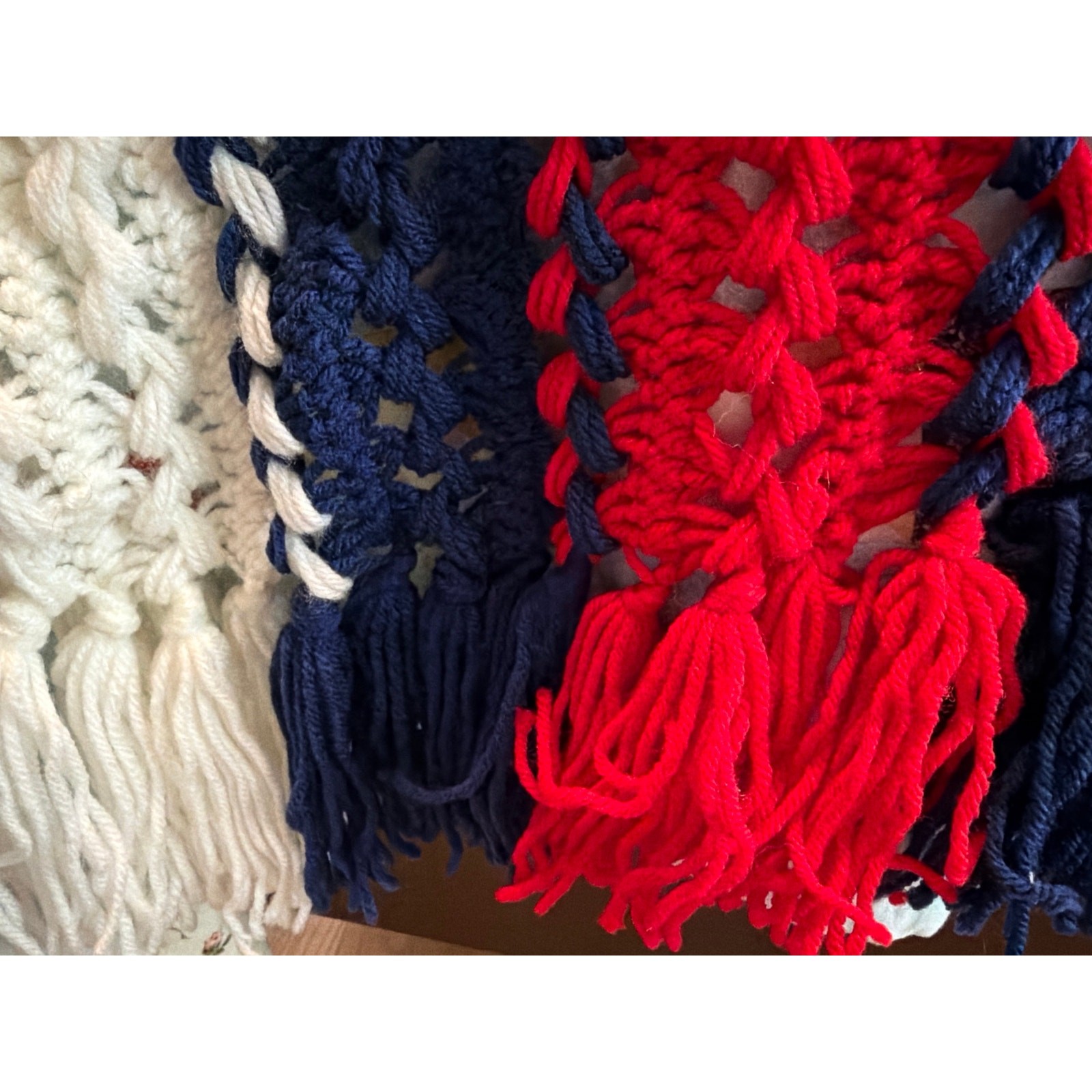 Vintage Hand Crocheted Red White Blue Throw Blanket 57x89 Patriotic Afghan USA gallery