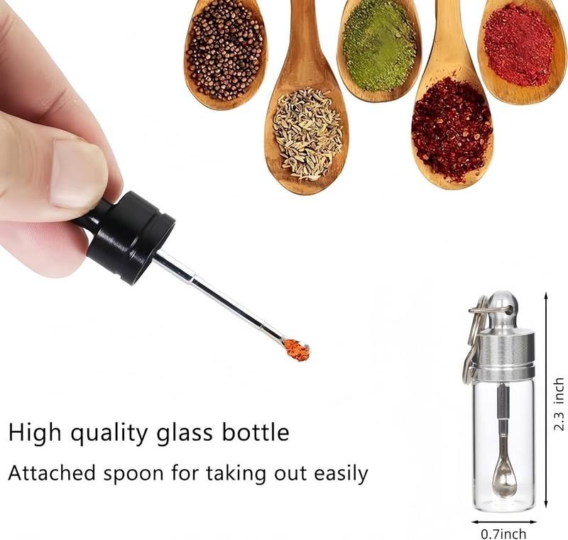 Travel Spice Containers with Spoon - Mini Glass Vial Keychain Case 2pack gallery