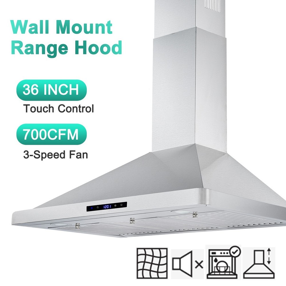 36 inch Wall Mount Range Hood 700CFM Stainless Steel Vent 3-speed Touch Control
