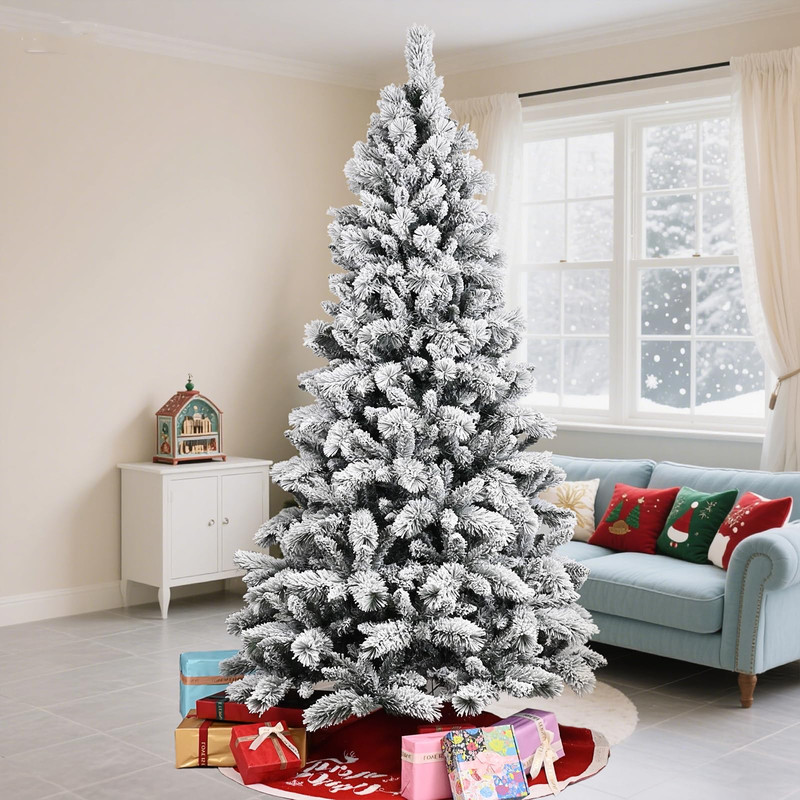 4-9 Ft Snow Flocked Artificial Christmas Tree Frosted Pine Tree Foldable Base gallery