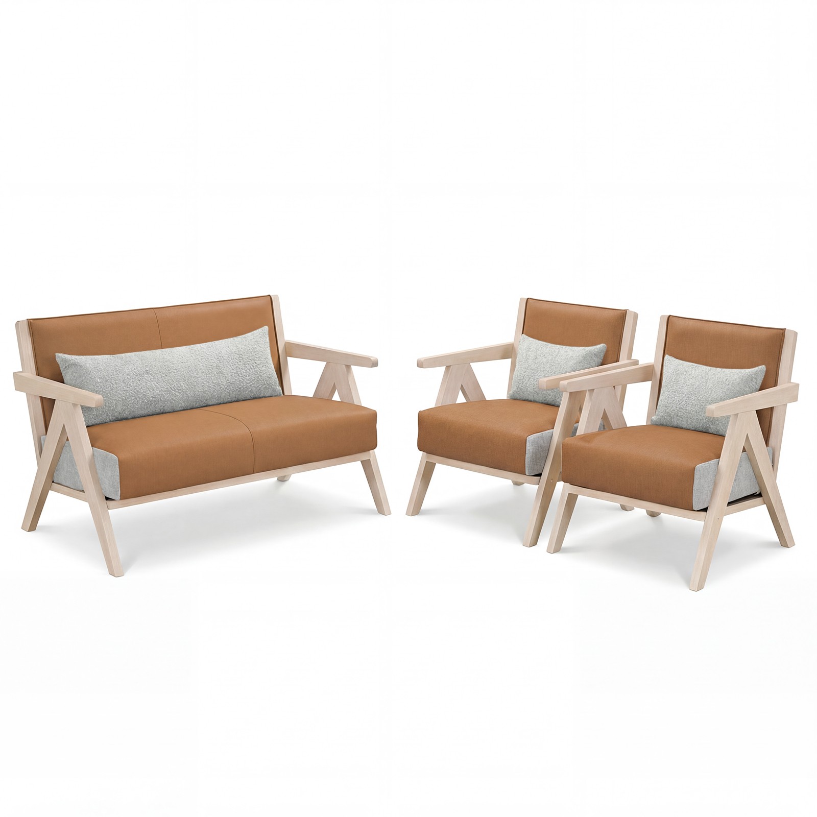 3 PCS Faux Leather Single Sofa Chair & Loveseat w/Rubber Wood Frame, Pillows gallery
