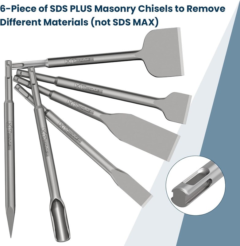TOOVEM 6pc SDS Plus Chisel Set for Rotary Hammer Tile & Mortar Removal gallery