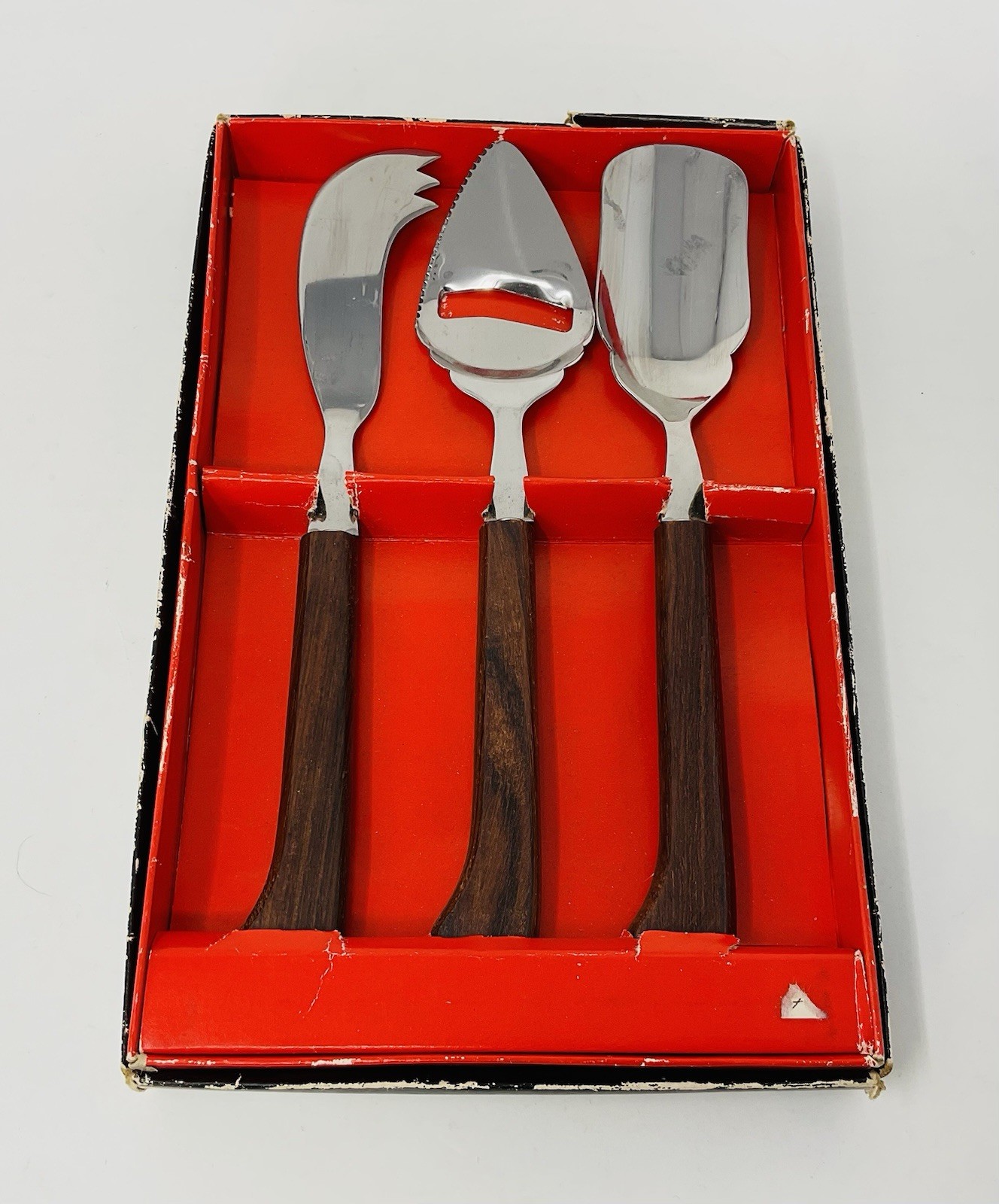 Vintage Cheese Three Piece Serving Set Wood Handles Stainless MCM Made In Japan gallery