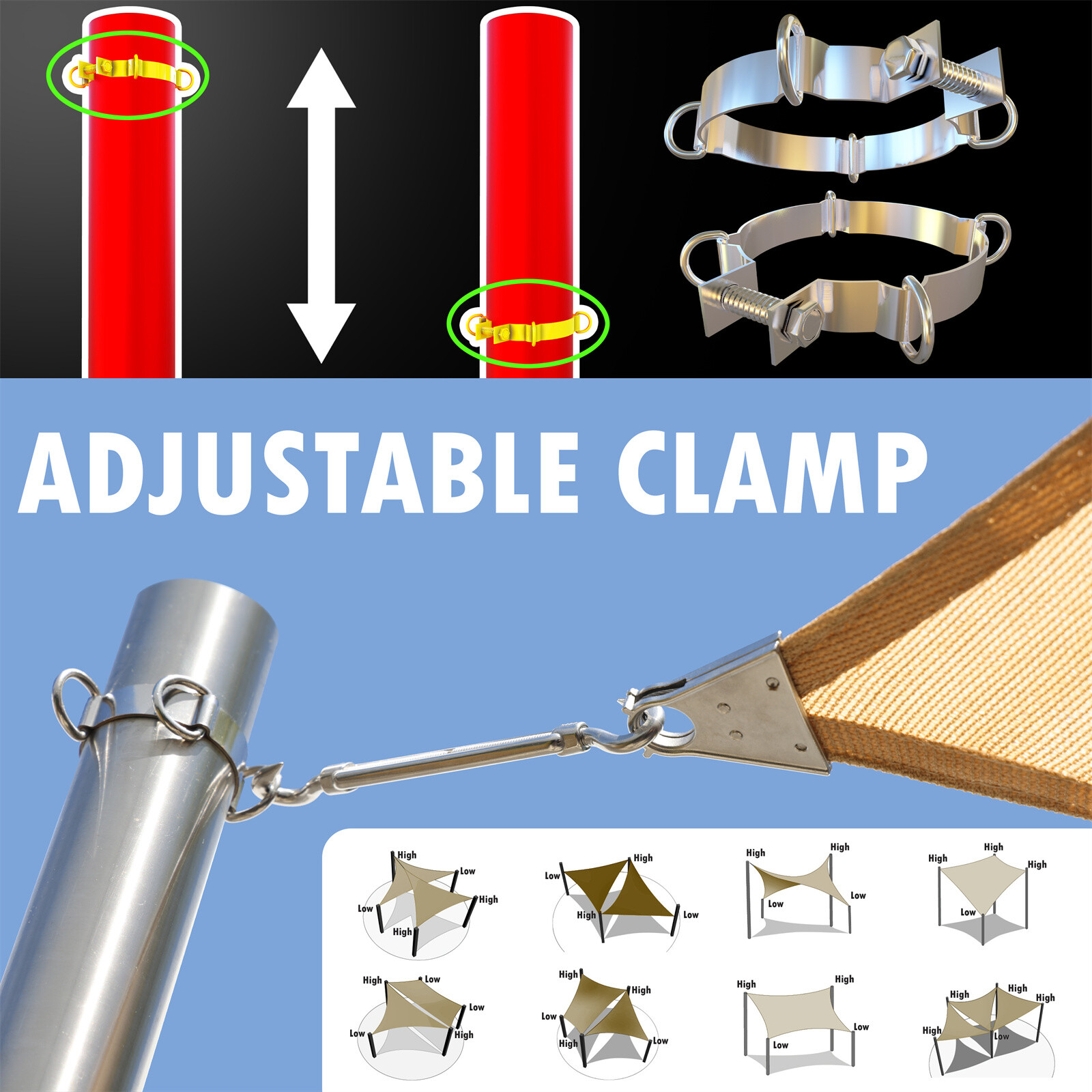 ColourTree Stainless Steel Pole with Base Plate Height-Adjustable Mounting Clamp gallery