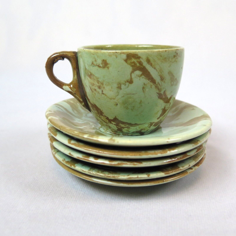 Earthenware Espresso Cup Extra Saucers Aqua & Brown Marbling VTG Arts Handmade gallery