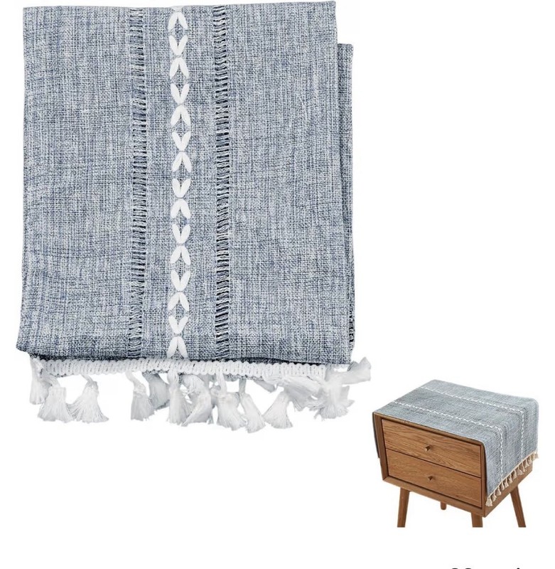 Woven 100% Polyester Table Runner Blue/White Tassels Rectangular 71-90in gallery
