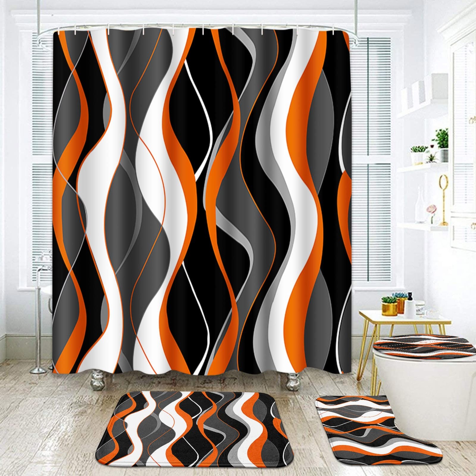 Geometric Orange Shower Curtain Set with Rugs Black and Gray Modern Orange Ba... gallery
