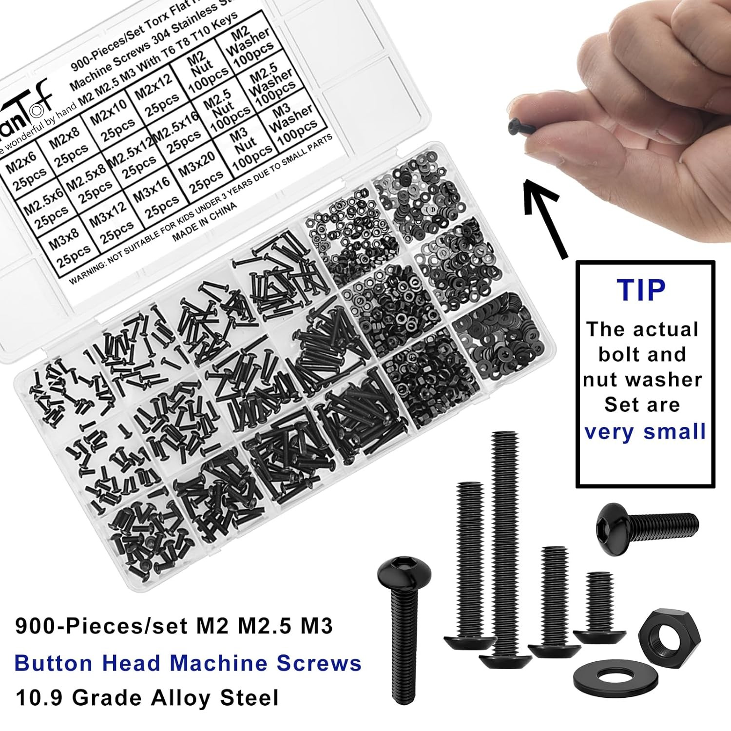 900Pcs M2 M2.5 M3 Screws Bolts Nuts Washers Assortment Kit,Come with Hex Wrench gallery