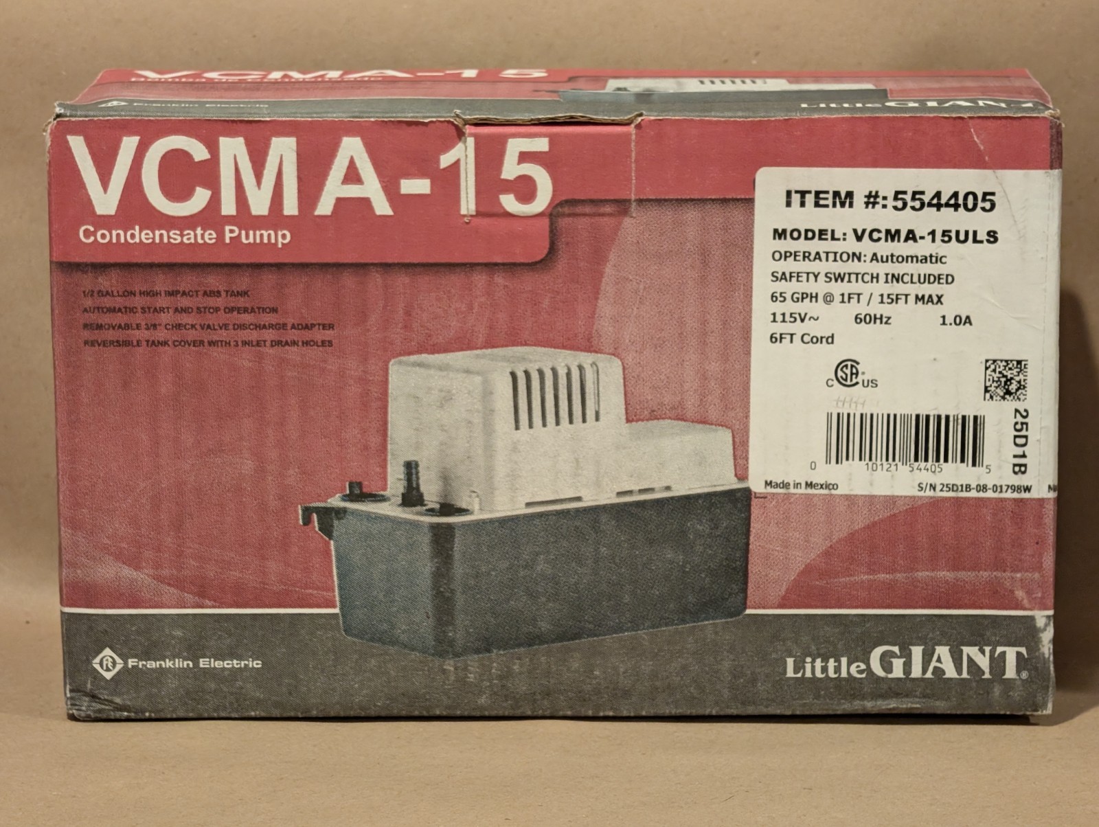 Used Little Giant VCMA-15ULS Automatic Condensate Pump 115V 1/50 HP 65 GPH gallery