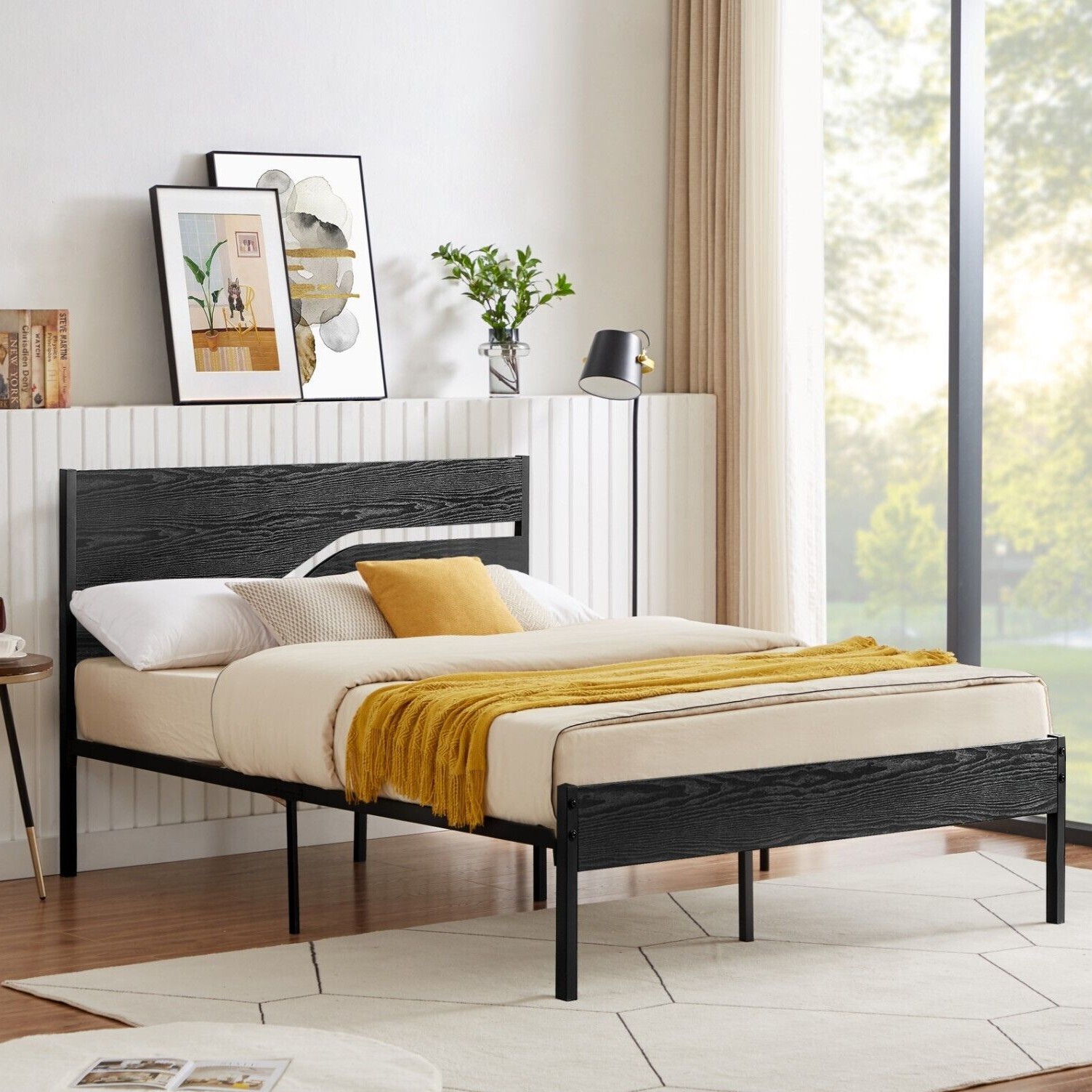 Bed Frame Metal Platform Twin Full Queen Size with Wooden Headboard Footboard gallery