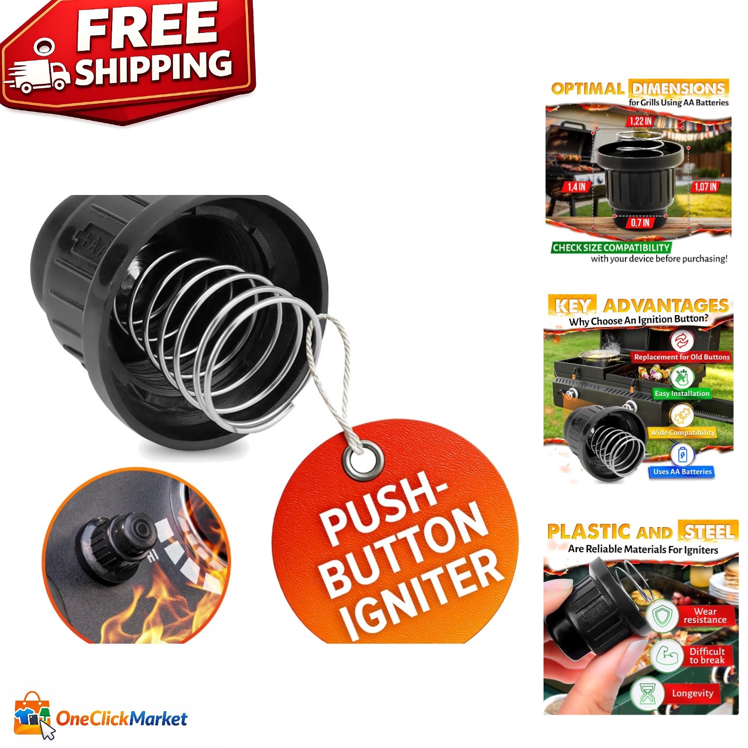 Gas Grill Igniter Replacement - 1.22" AA Battery Push Button & Tool-Free Install gallery