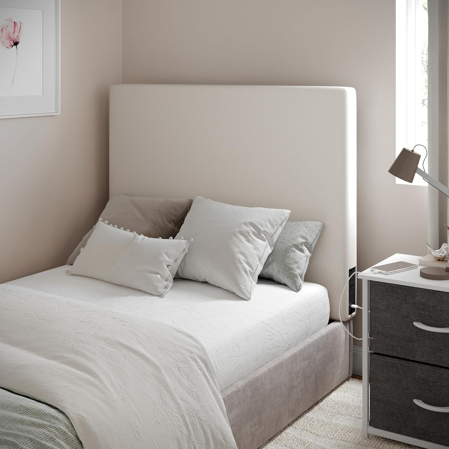 Hugo Twin Headboard with 2 Outlets, USB Port, USB Type-C Port, Faux Linen Uphols gallery