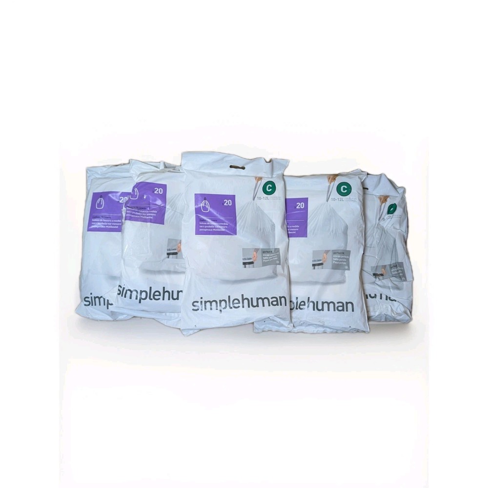 5PK! Simplehuman Trash Can Liners Code C 10-12 Liters/2.6-3.2 Gal -20 Count Each