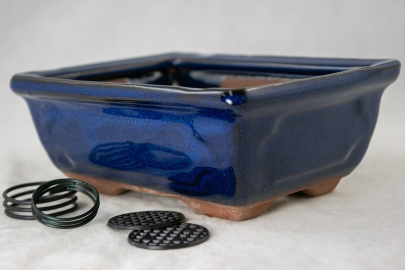 Rectangular Glazed Succulent, Bonsai Pot + Mesh + Wire 6"x 4.5"x 2.25" - Blue gallery