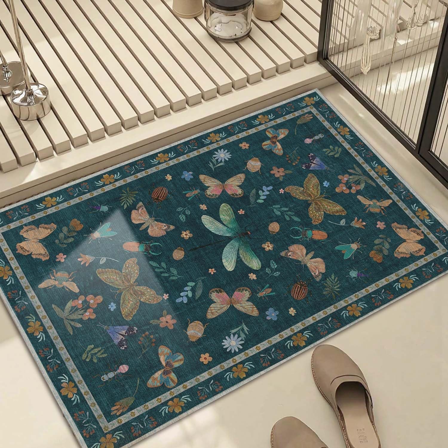 2x3 Washable Rug,Small Door Mat Floral Entryway 2' x 3' (Rectangular), Teal gallery