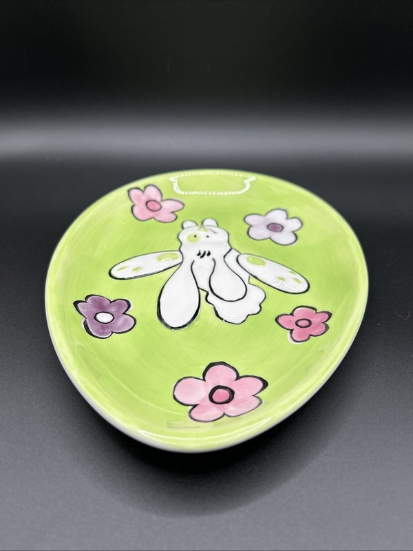 Easter-Spring Bunny/Flowers Ceramic Plate Trinket Dish Pastel Green Pink Purple gallery