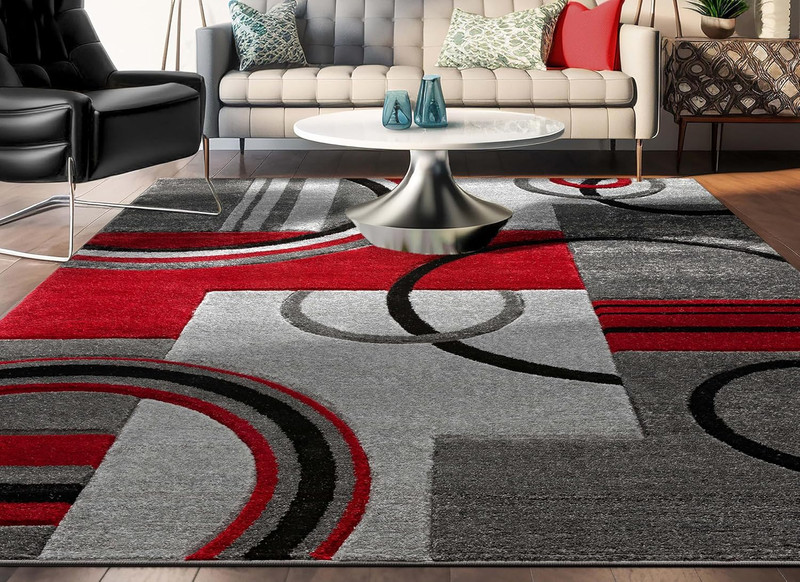 Ruby Echo Shapes & Circles Geometric Red and Grey 5 by 7 Rug - Abstract Modern C gallery