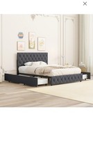 Streamdale Queen Platform Bed with 4 Drawers, Linen Headboard