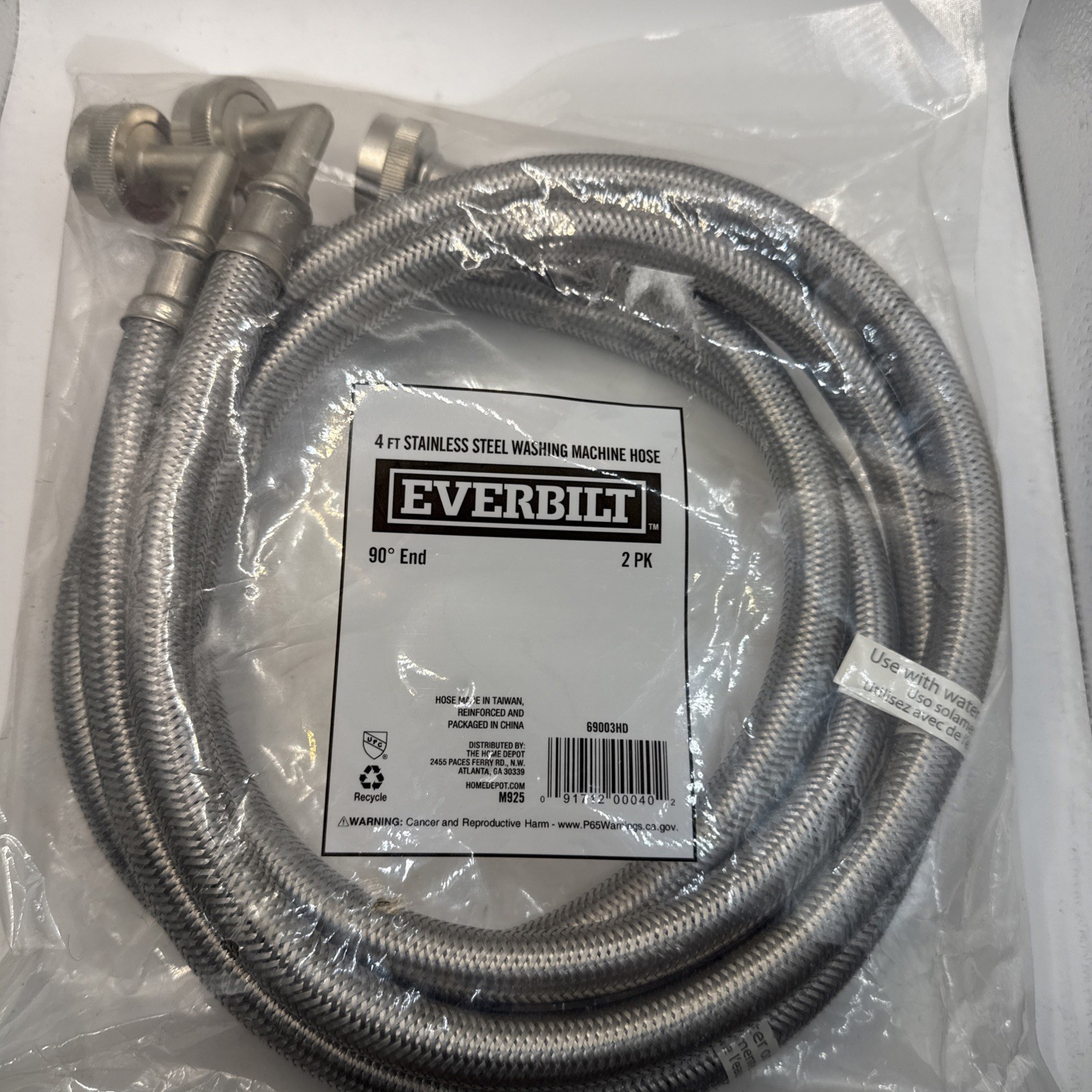 Everbilt 4 ft. Stainless Steel Washing Machine Connector Hoses (2-Pack)- 90* End gallery