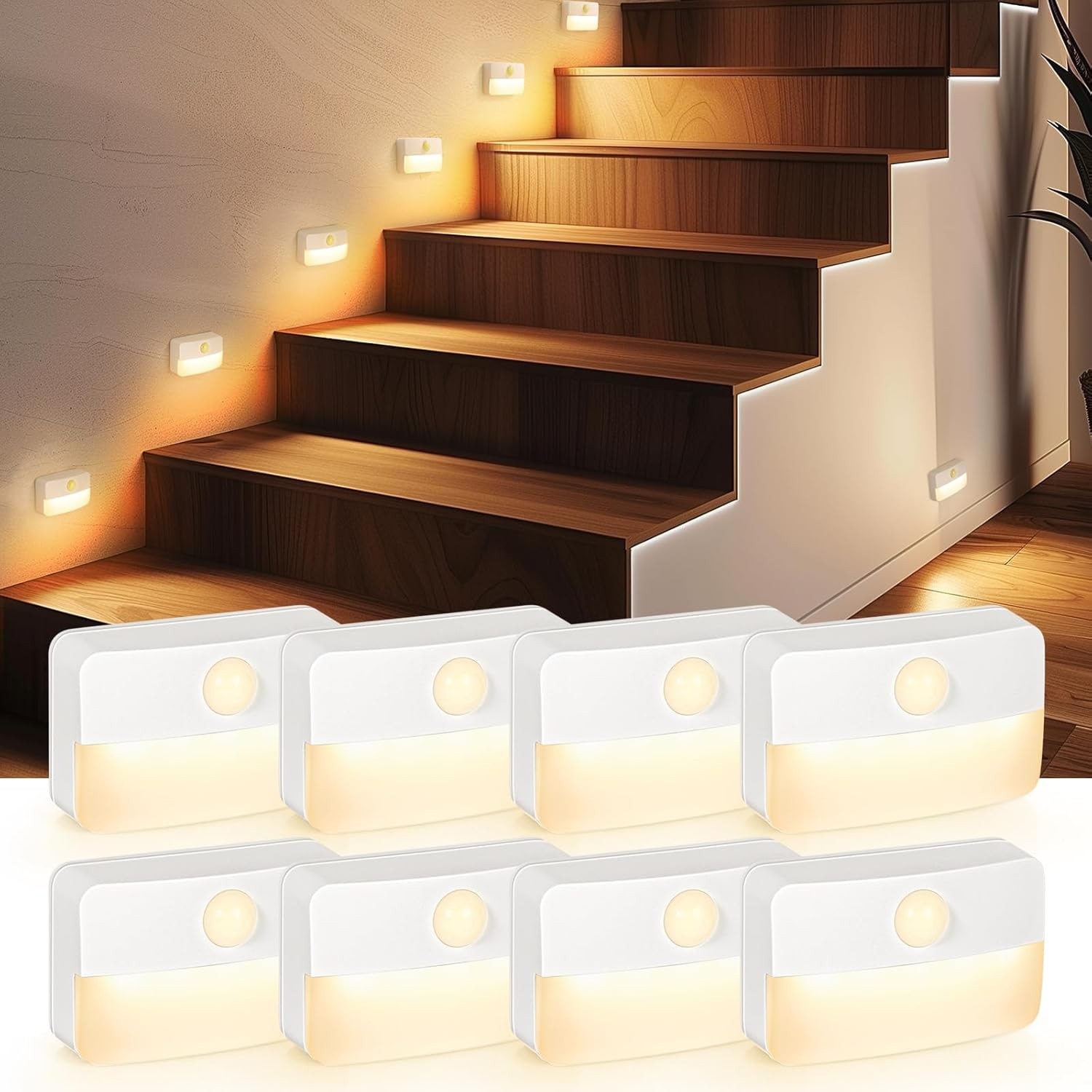 8 Pack Motion Sensor Stair Lights Indoor Battery Operated Wireless LED Night gallery