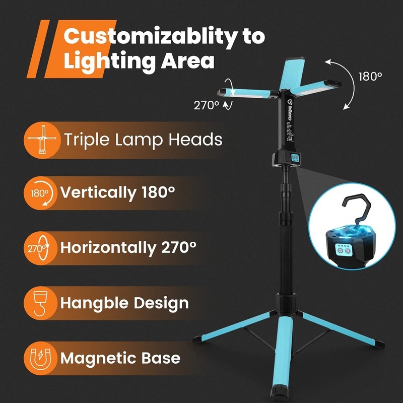 Cordless Work Light with Triple LED Lamps, 8AH Battery, 700/1200/2200 Lumen gallery