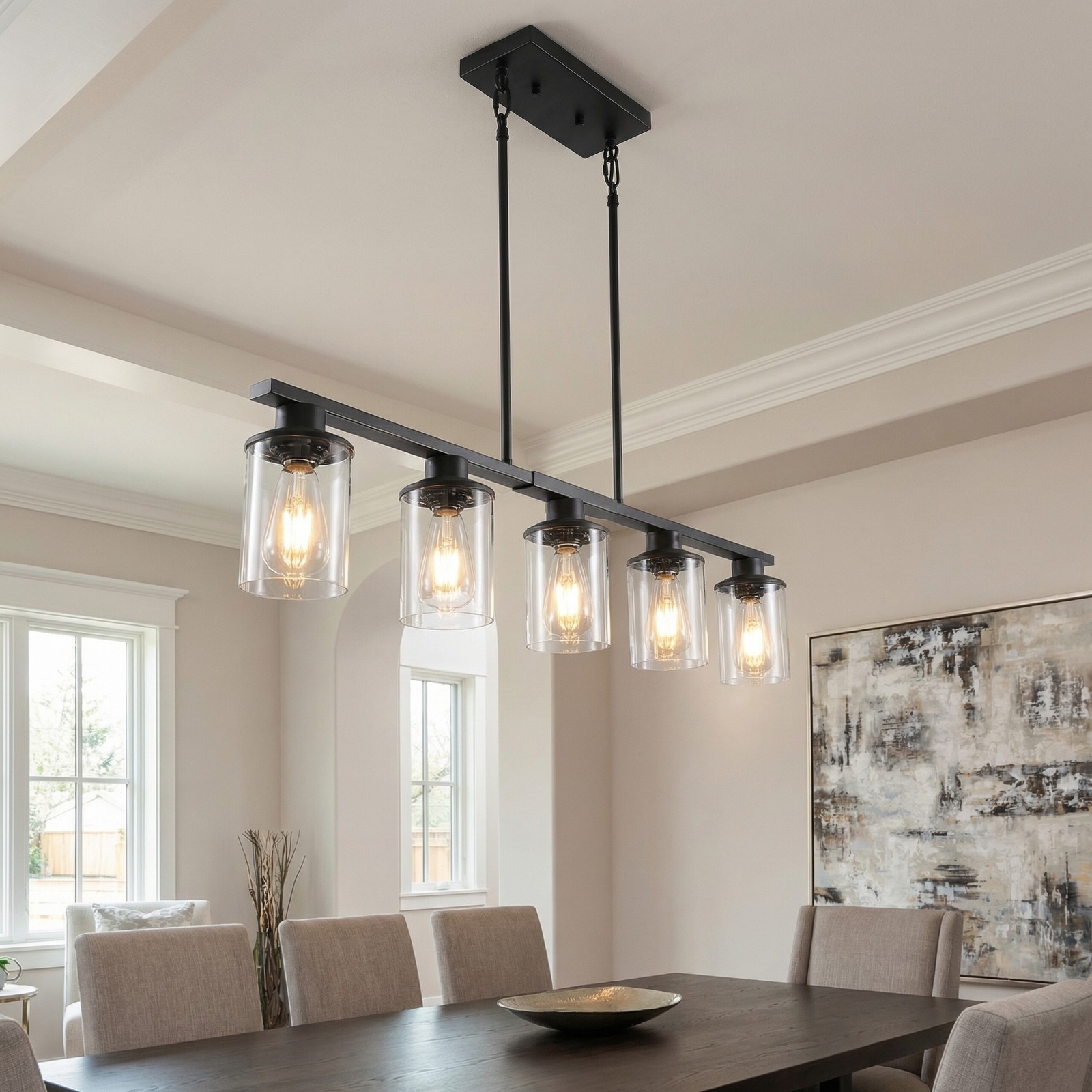 37'' Pendant 5 Light Black Linear Farmhouse Chandelier for Living Room Fixture gallery