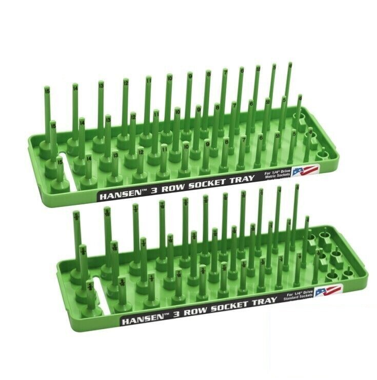 Hansen 1/4" Socket Tray Organizer Holder Set 3 Row Metric SAE Shallow Deep Green gallery
