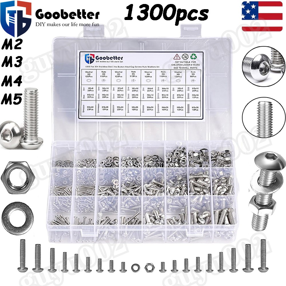 1300Pcs M2 M3 M4 M5 Button Head Socket Cap Screw Bolts Nuts Washers Assortment gallery