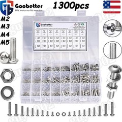 1300Pcs M2 M3 M4 M5 Button Head Socket Cap Screw Bolts Nuts Washers Assortment