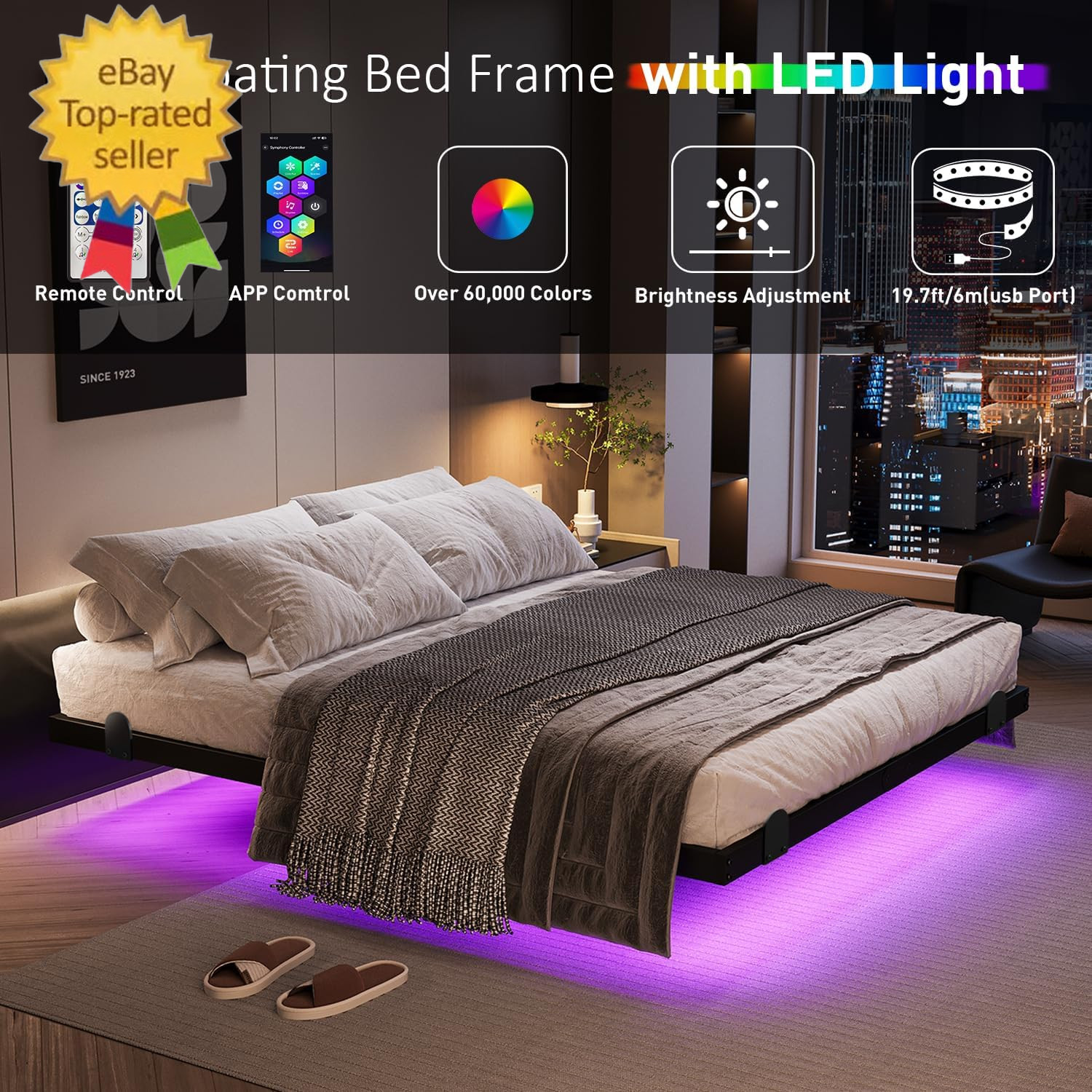 Floating Bed Frame with LED Lights and Charging Station, 14 Inch King Size Float gallery