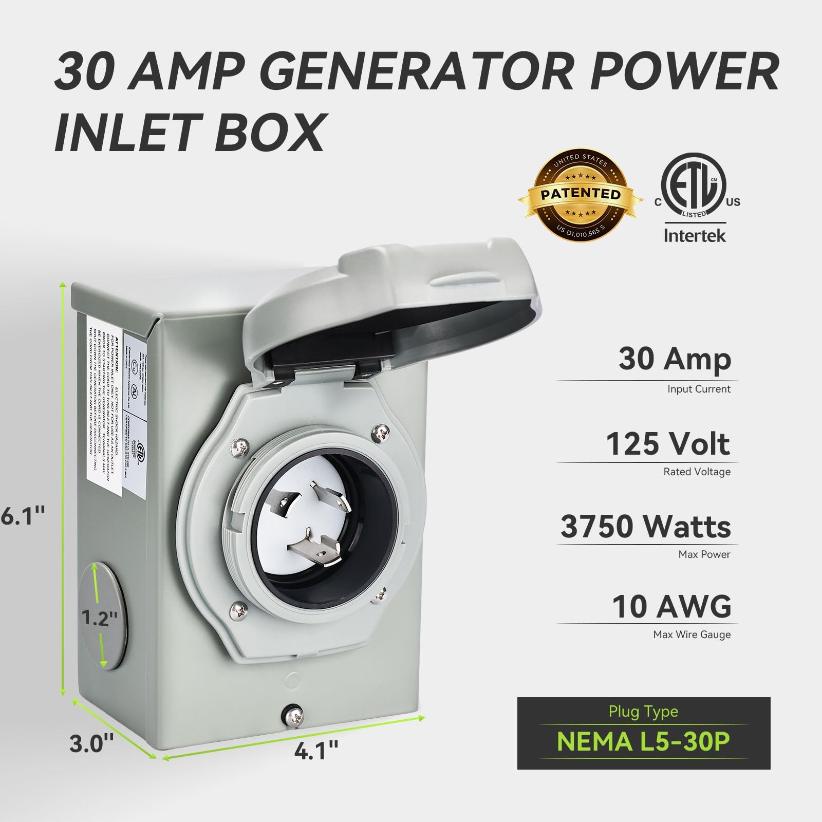 Rvmate Pre-Drilling 30 Amp Generator Power Inlet Nema L5-30P 125V 3750W Power gallery