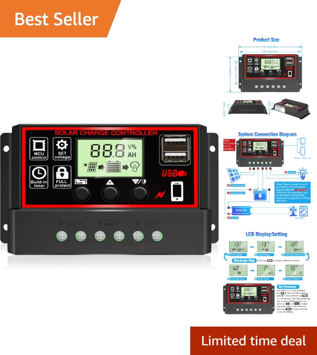 Black and Red 30A Solar Panel Battery Regulator with LCD Dual USB 12V/24V PWM gallery