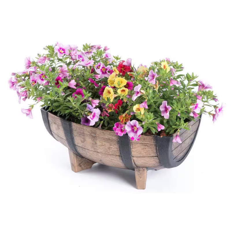 Rustic Wood-Look Plastic Half Barrel Flower Pot Garden Planter (Pack of 2) gallery