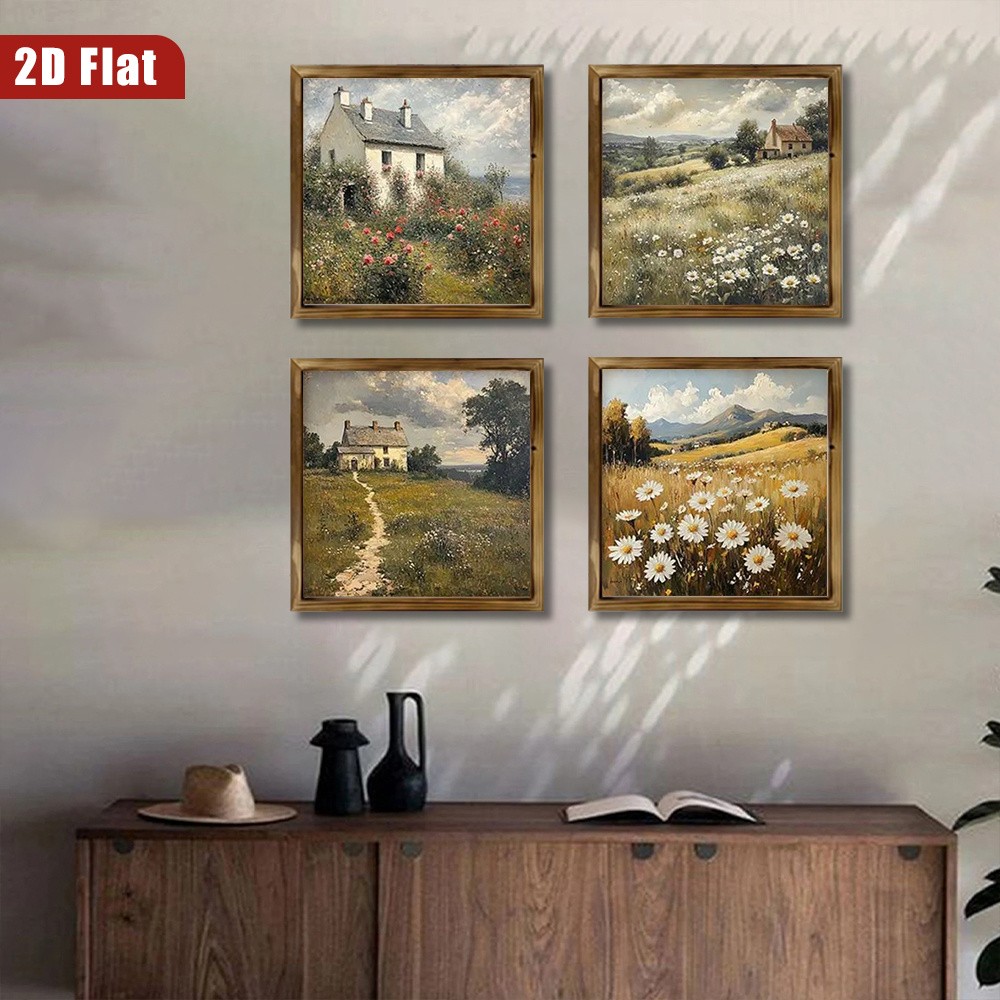 4Pcs Rustic Farmhouse Wall Art Set Framed Country Cottage Daisy Field Home Decor gallery