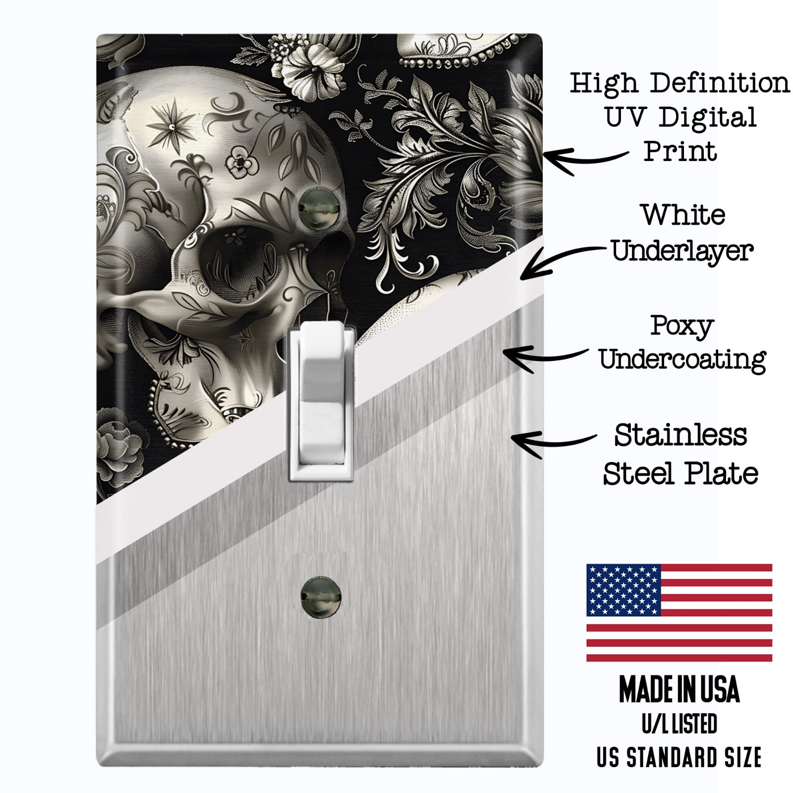 Metal Light Switch Outlet Cover Wall Plate Black Grey Skull Flowers HWN112 gallery