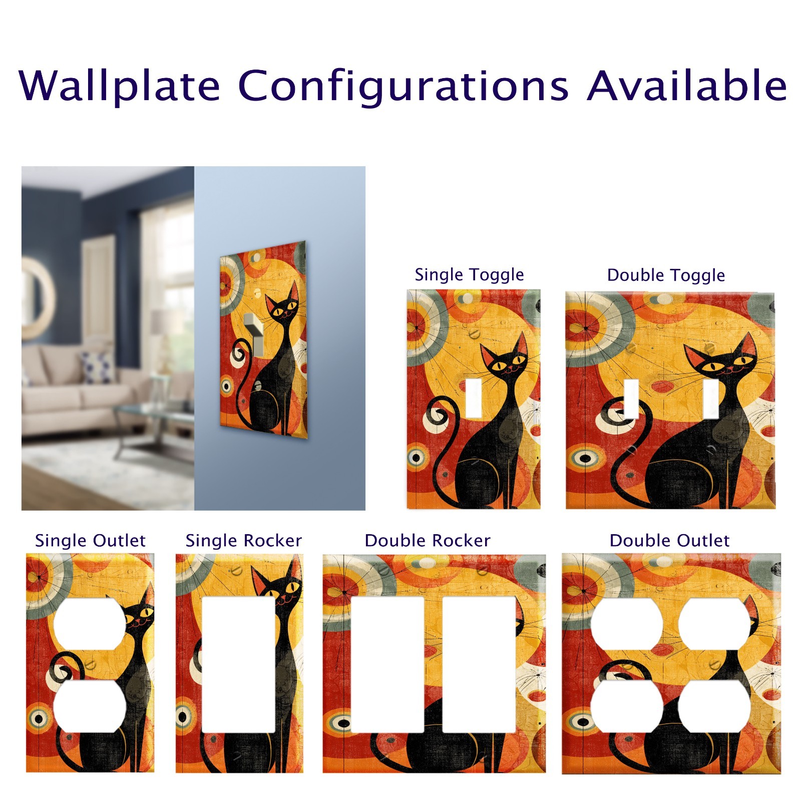 Mid Century Modern Style Happy Cat Wall Plate / Switch Plate / Outlet Cover gallery