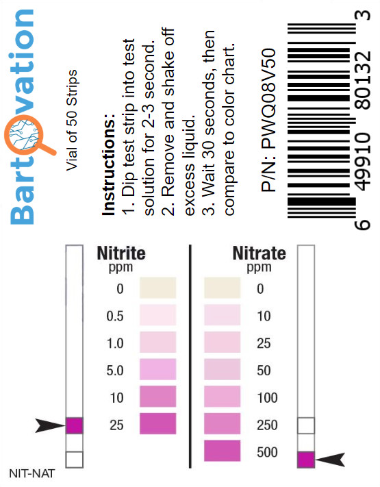Nitrite 0-25 ppm, Nitrate 0-500 ppm Two Pad Test Strip [Vial of 50 Strips] gallery