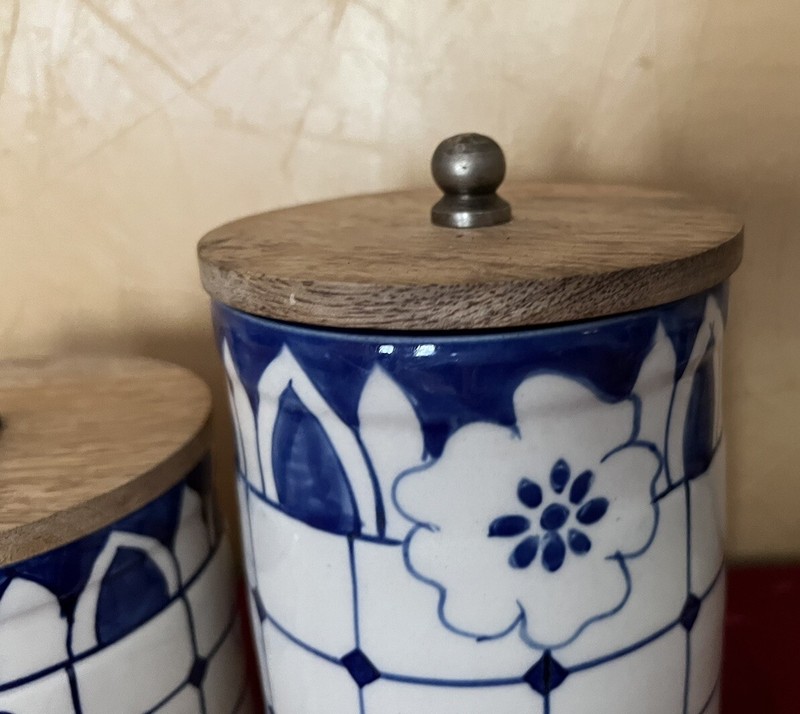 2 Blue Off White Storage Jars Canisters Wooden Lids Floral Pattern India gallery