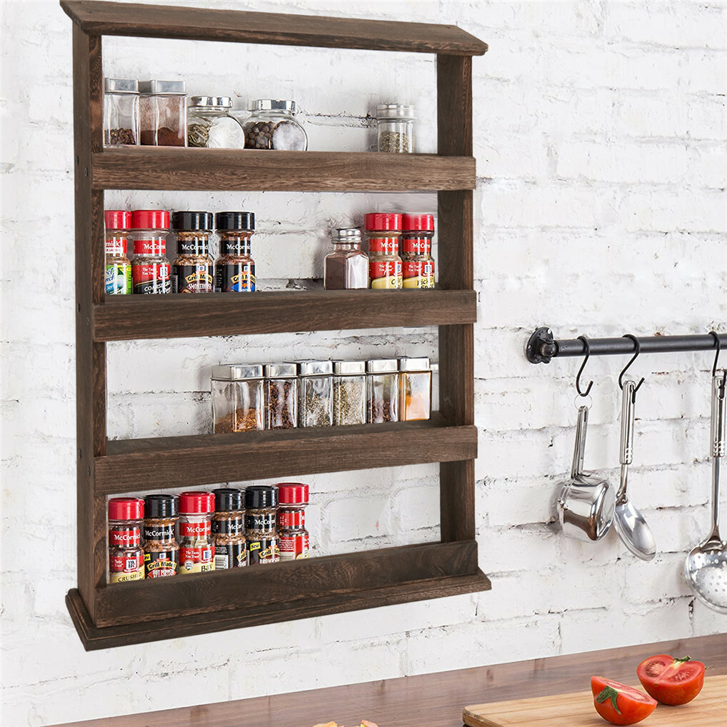 Rustic Torched Wood Wall-Mounted 4-Tier Spice Rack Hanging Spice Shelf Storage gallery