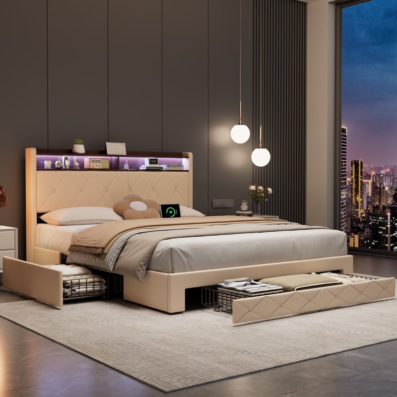 Full Queen Size Bed Frame with 4 Storage Drawers Wood Platform Velvet Headboard gallery