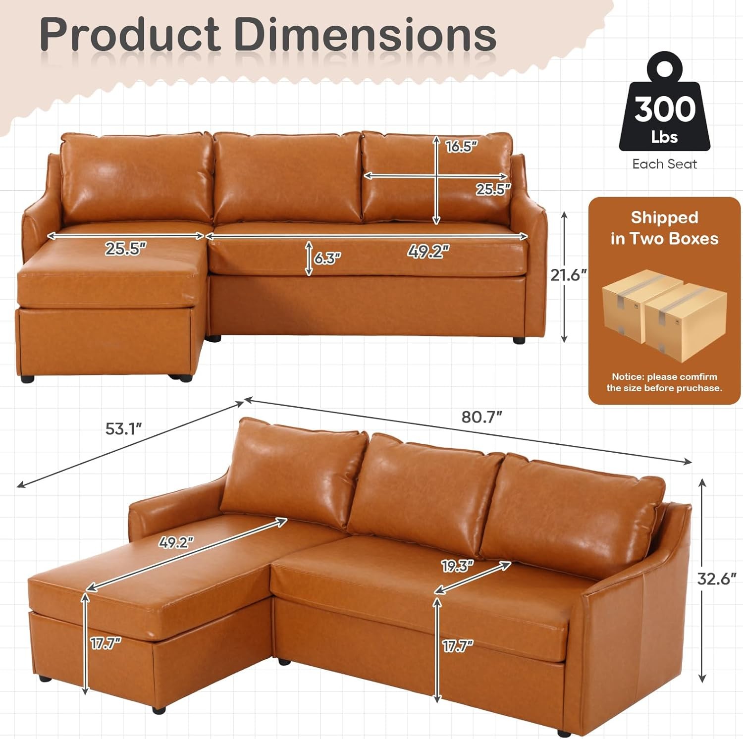 80.7" Convertible L-Shaped Sectional Sofa Faux Leather Storage Brown 3-Seater gallery