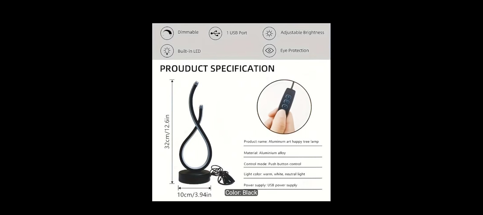 LED Table Lamp Black USB Powered Dimmable Push Button Warm/White/Neutral gallery