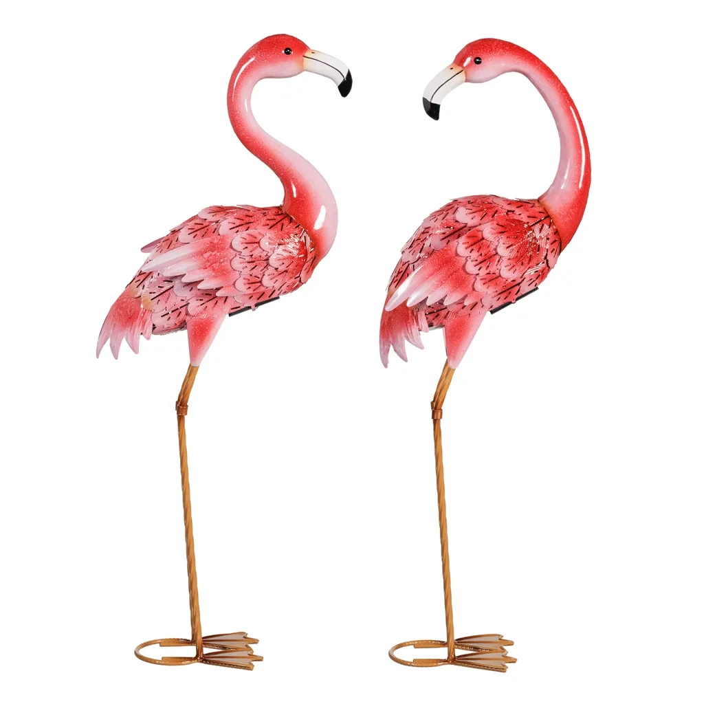 Evergreen Solar 35”H Large Solar LED Flamingo Metal Outdoor Set Garden Statue gallery
